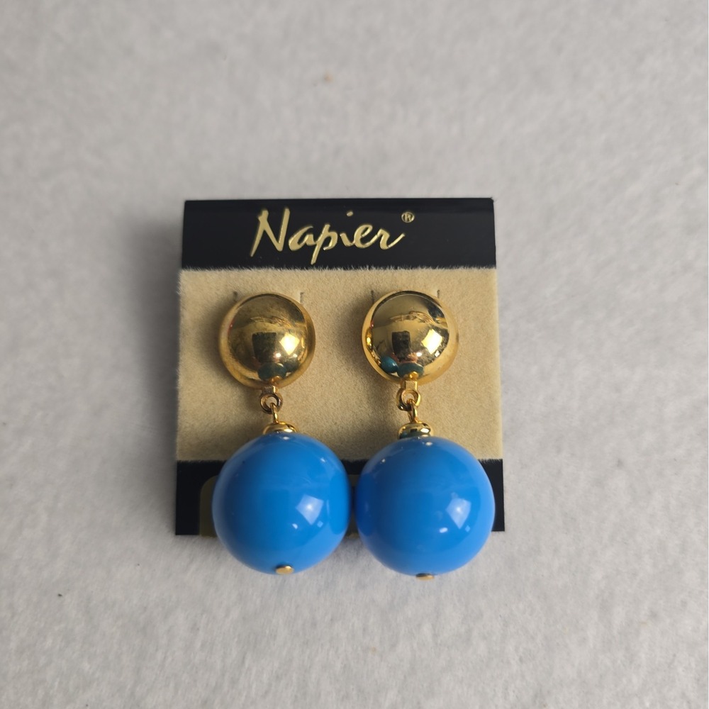 Vintage Napier Blue Enamel Circular Dangle Earrings Retro Statement